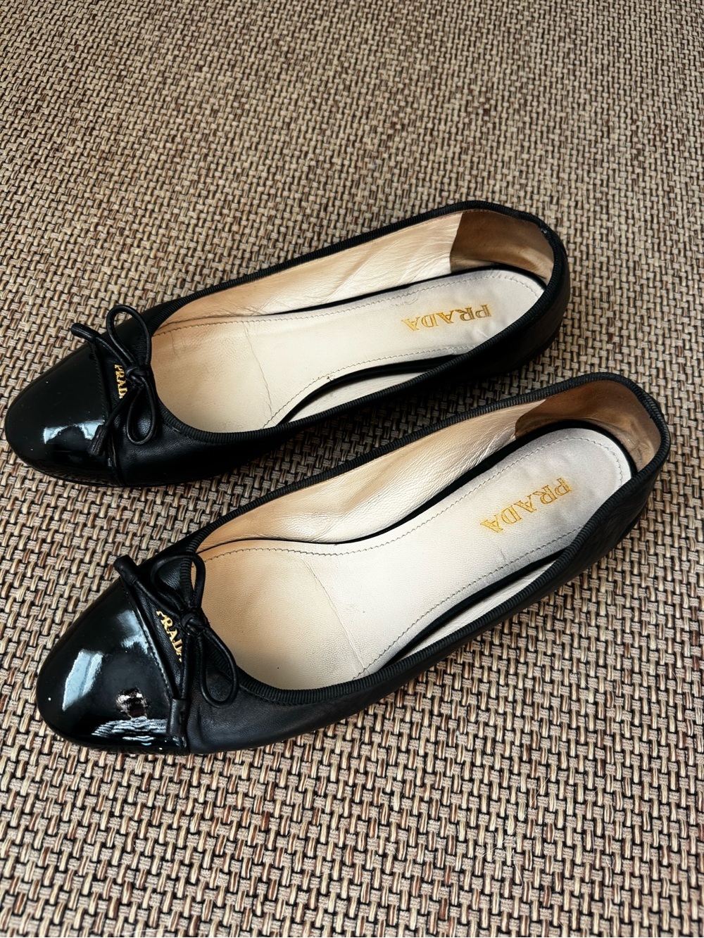 Prada Black Leather Patent-Tip Bow Ballet Flats